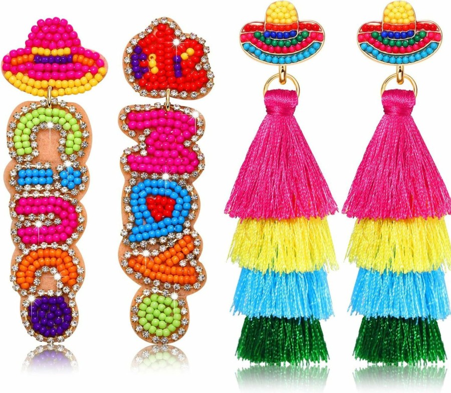 NVENF 2 Pairs Mexican Earrings Cinco De Mayo Earrings For Women, Beaded Fiesta Earrings Pinata Sombrero Chili Pepper Earrings Layered Tassel Earrings, Mexican Holiday Jewelry Gifts | Earrings