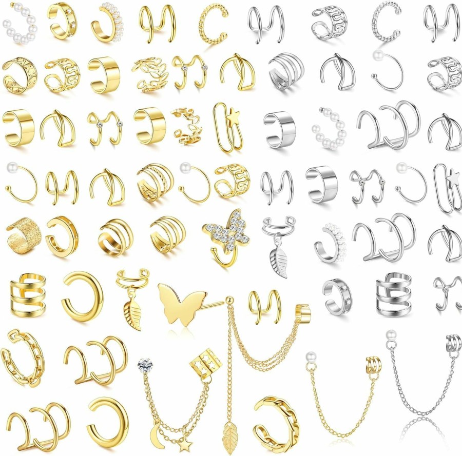 Besteel Besteel 66 Pcs Ear Cuff Earrings For Women Non Piercing, Hypoallergenic Fake Earrings, Silver Clip On Cartilage Earrings For Sensitive Ears, Gold Ear Wrap Earrings For Helix Cartilage, Cross X Double Line Cat Claw Cz Pearl Star Butterfly Ear Cuffs Non Piercing | Earrings