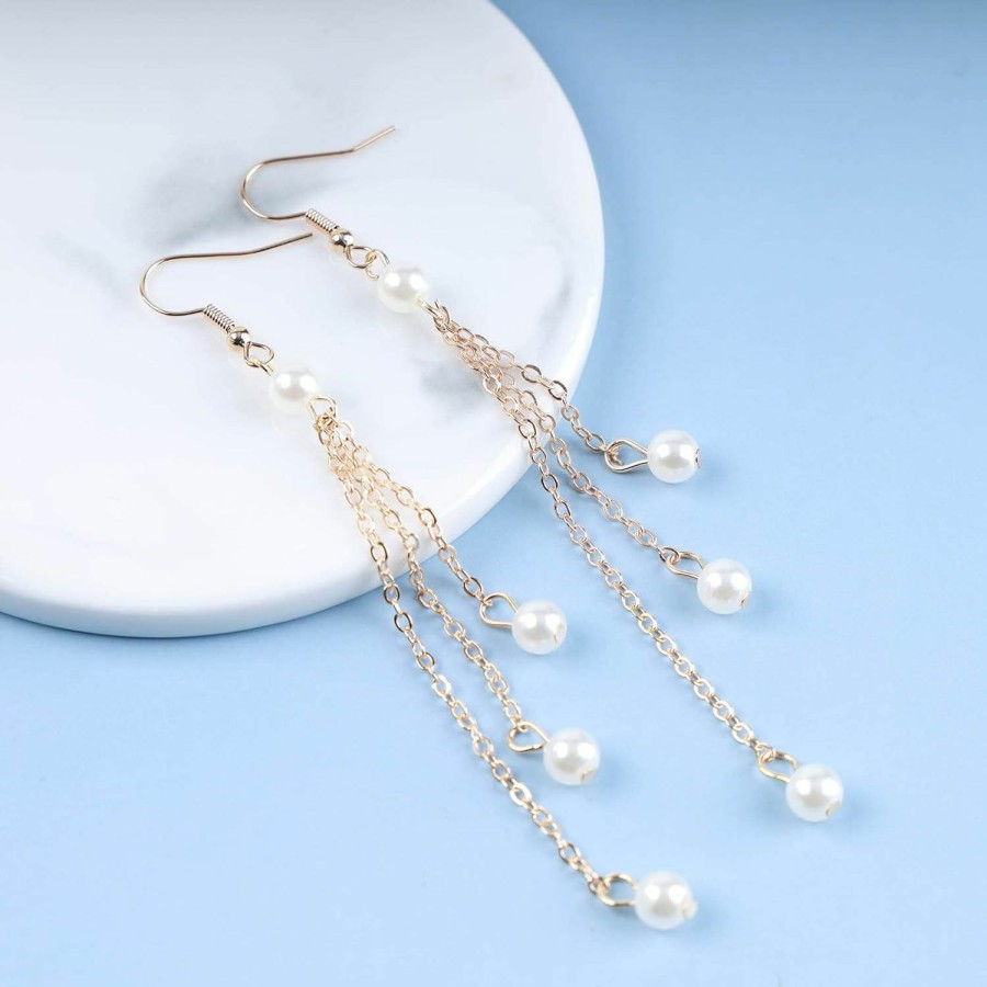 Yheakne Yheakne Vintage Pearl Drop Earrings Gold Pearl Tassel Earrings Long Pearl Chain Earrings Boho Pearl Earrings Jewelry For Women And Girls | Earrings