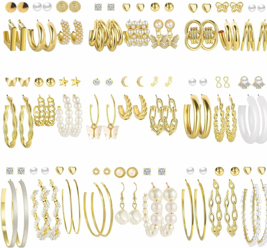 17KM 54 Pairs Gold Hoop Earrings Set For Women Multipack, Boho Fashion Statement Stud Hoop Earrings Pack With Pearl Butterfly Shaped Assorted Small Big Hoop Earrings Jewelry For Gift | Earrings