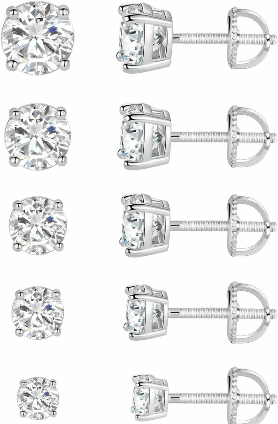 MDFUN 18K White Gold Plated 4 Prong Round Clear Cubic Zirconia Screw Back Stud Earring Pack Of 5 | Earrings