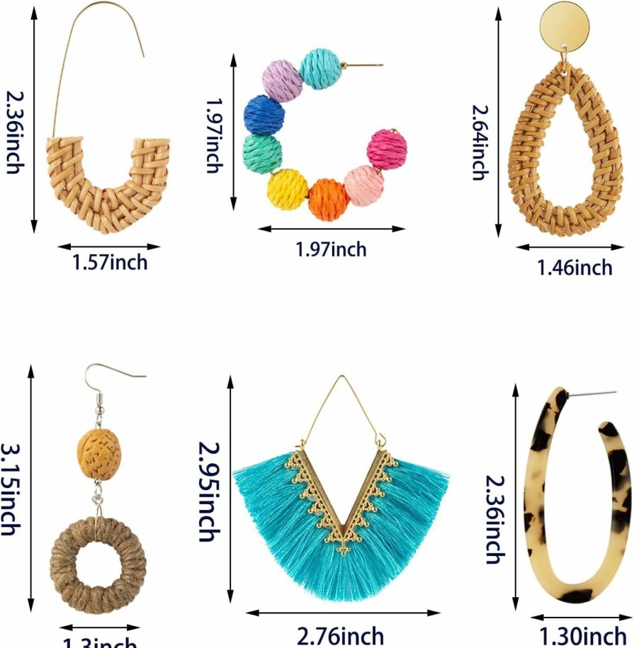 Ponpon Ponpon 6-18 Pairs Earrings For Women, Lightweight Summer Earrings Straw Earrings Fashion Geometric Statement Hoop Dangle Drop Earrings For Women | Earrings