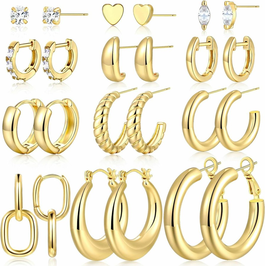 17 MILE 12 Pairs Gold Hoop Earrings Set For Women | 14K Gold Plated Lightweight Twisted Chunky Hoop Earrings Pack For Gift | Earrings