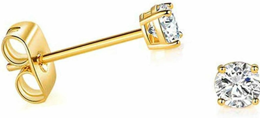 Art and Molly Solid 14K Yellow Gold Solitaire Round Cubic Zirconia Cz Stud Earrings With 14K Gold Butterfly Push Backings | Earrings