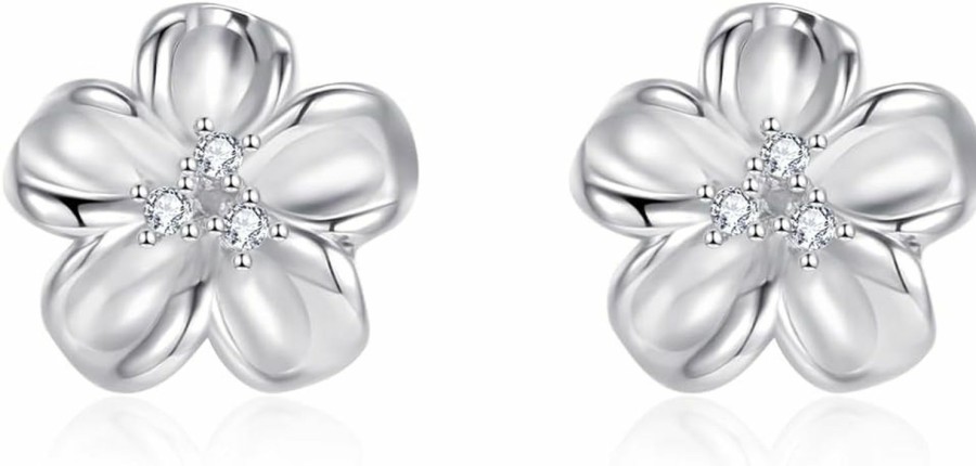 EVERU Everu Flower Stud Earrings Silver Earrings For Women Flower Earrings Silver Stud Earrings Plumeria Earrings 925 Sterling Silver Post Cubic Zirconia Hypoallergenic 8Mm | Earrings