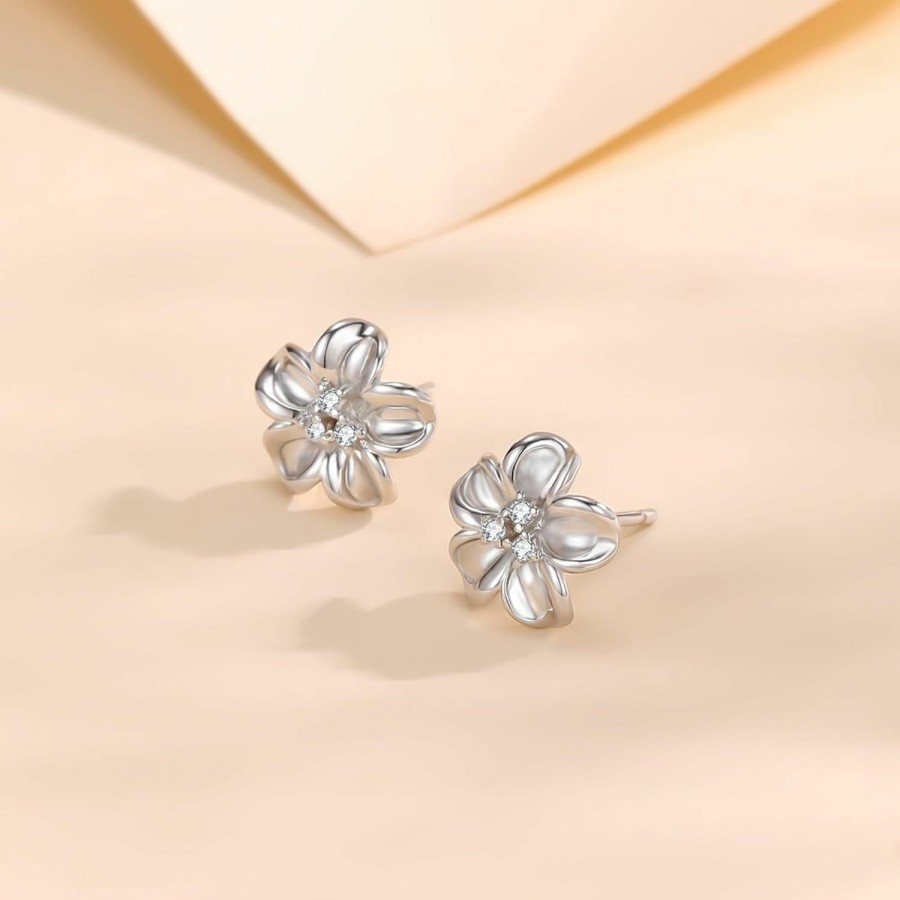 EVERU Everu Flower Stud Earrings Silver Earrings For Women Flower Earrings Silver Stud Earrings Plumeria Earrings 925 Sterling Silver Post Cubic Zirconia Hypoallergenic 8Mm | Earrings