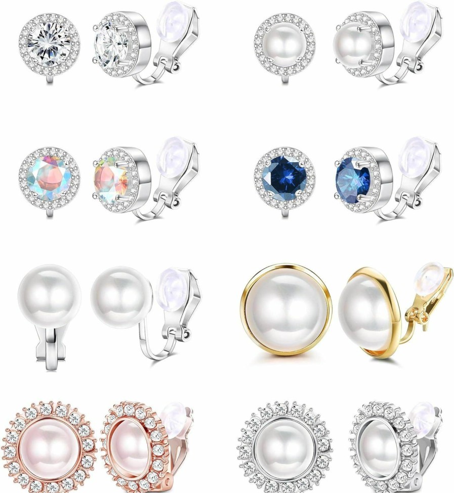 SAILIMUE Sailimue 8 Pairs Clip Earrings Sets For Women Fashion Cubic Zirconia Cz Crystal Freshwater Pearl Earrings Hypoallergenic Non Pierced Clip On Earrings Jewelry | Earrings