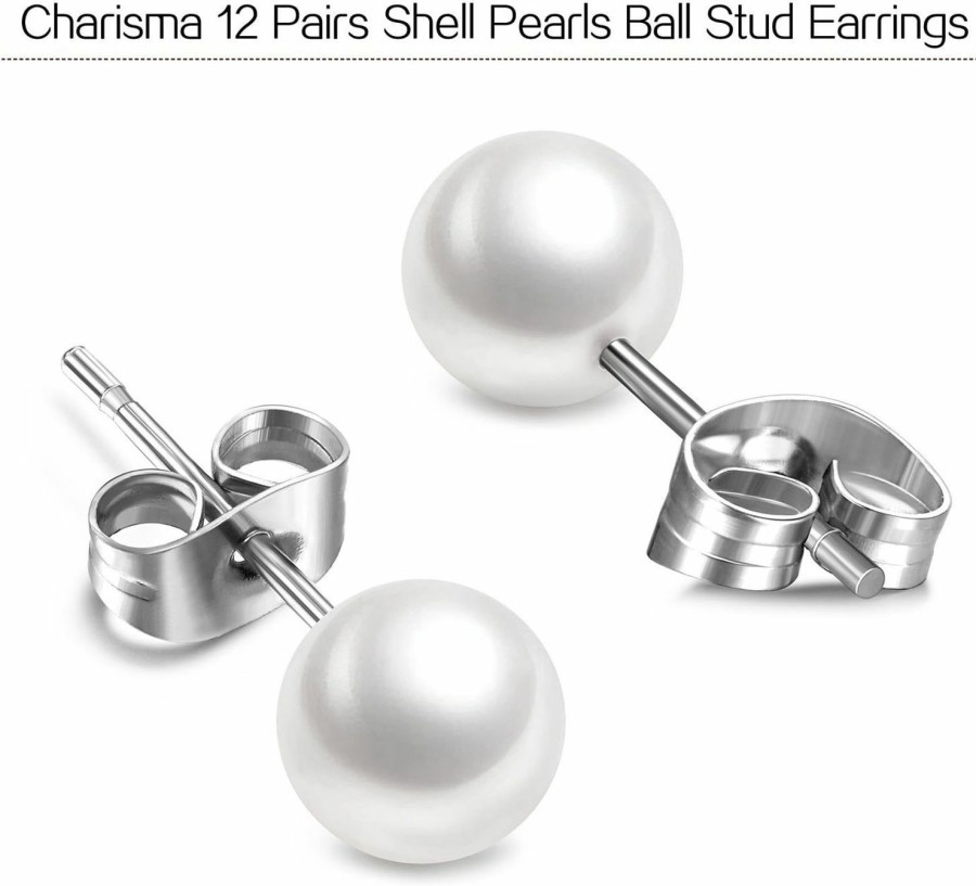 Charisma Charisma 8Mm Composite Pearl Earrings Round Ball Pearls Stud Earrings Hypoallergenic 12 Pairs Imitation Pearl Earrings Set For Girls Women | Earrings