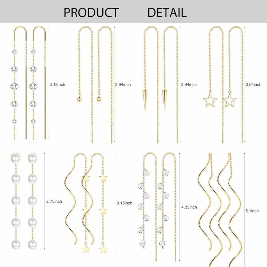 HAIAISO Haiaiso 8 Pairs Threader Dangle Earrings For Women 316L Stainless Steel Chain Tassel Earrings Lightweight Double Twist Wave Threader Drop Earrings Long Chain Earrings Set | Earrings