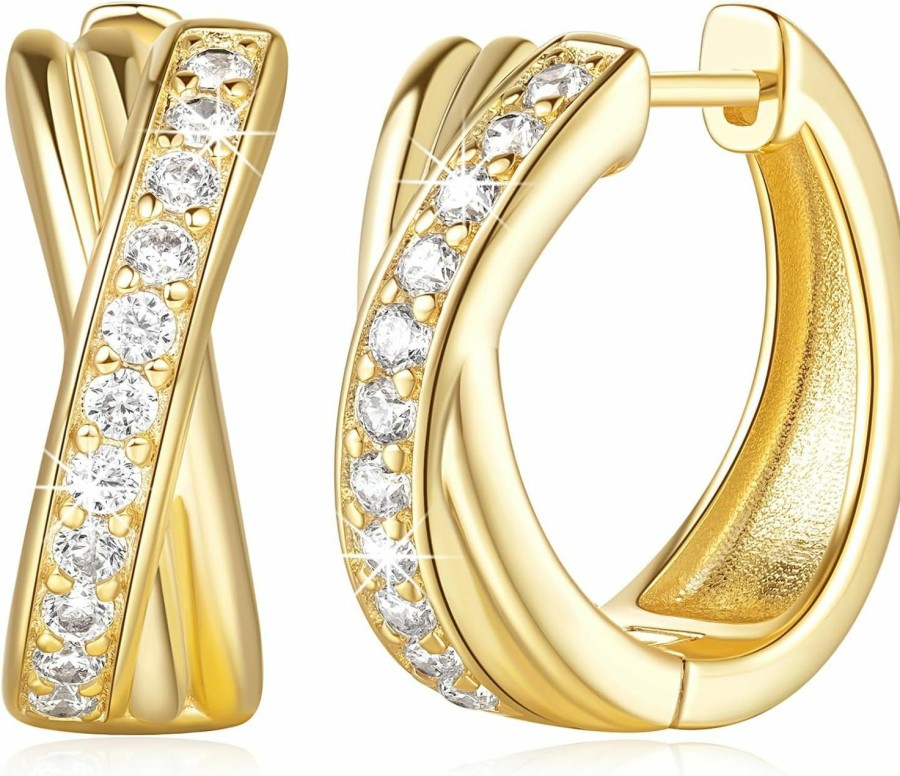 BANGALO Gold Hoop Earrings 14K Gold Earrings For Women Thick Small Diamond Hoop Earrings X-Shaped Gold Huggie Earrings Gold Hoop Earrings For Women 19Mm | Earrings