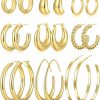 YEEZII 9 Pairs Chunky Gold Hoop Earrings Set For Women, 14K Gold Plated Lightweight Hypoallergenic Thick Open Hoop Earrings For Gift | Earrings