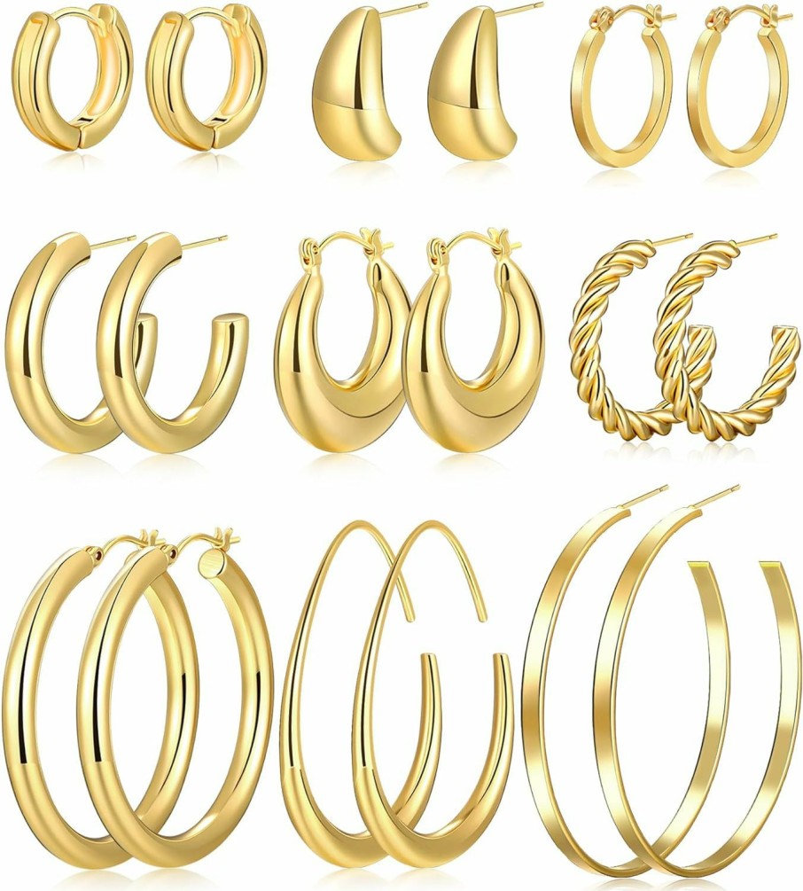 YEEZII 9 Pairs Chunky Gold Hoop Earrings Set For Women, 14K Gold Plated Lightweight Hypoallergenic Thick Open Hoop Earrings For Gift | Earrings