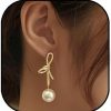 DXHYBF Bow Pearl Earrings For Women Crystal Bow Earrings 14K Gold Bowknot Dangle Drop Earring Dainty Statement Pearl Earring Jewelry Gifts For Girls | Earrings