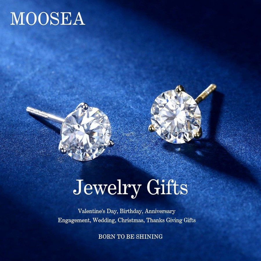 MOOSEA Martini Round Moissanite Earrings For Women Gifts, 0.2-4 Ct D Color Vvs1 Clarity Lab Created Diamond Earrings 14K White Gold Vermeil Classic 3 Prong Moissanite Stud Earrings For Women With Screw Backs | Earrings