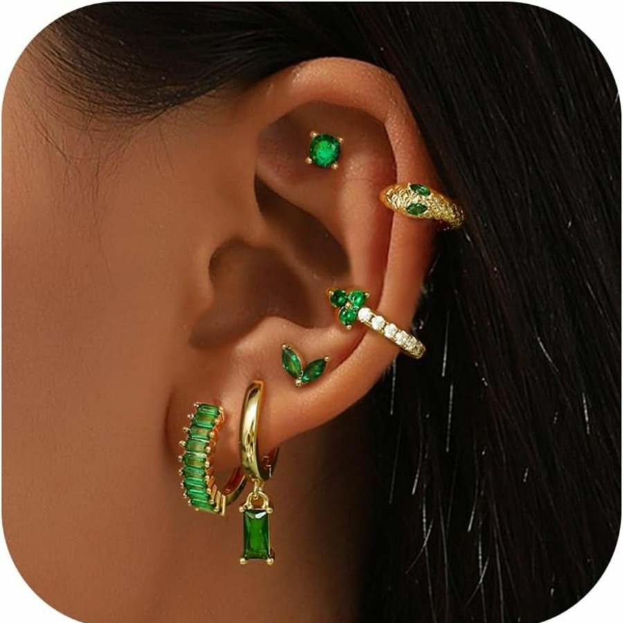 ZELORES Zelores 14K Gold Hoop Earrings For Women 6 Pairs Emerald Green Earrings Dainty Small Hoop Earrings Stud Earrings Sets For Multiple Piercing | Earrings