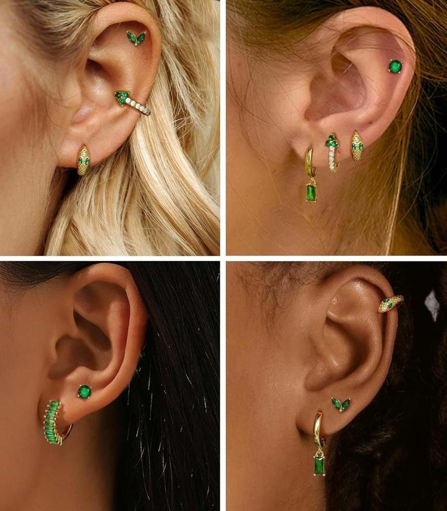 ZELORES Zelores 14K Gold Hoop Earrings For Women 6 Pairs Emerald Green Earrings Dainty Small Hoop Earrings Stud Earrings Sets For Multiple Piercing | Earrings