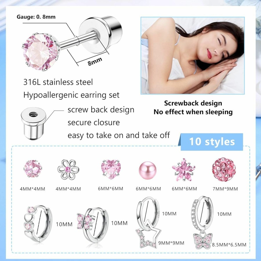 YADOCA Yadoca 10 Pairs Hypoallergenic Screw Back Earrings For Girls Women Surgical Steel Small Huggie Hoop Earrings Cute Cz Butterfly Star Dangle Hoop Earrings 20G Screwback Stud Earrings Set For Sensitive Ears | Earrings