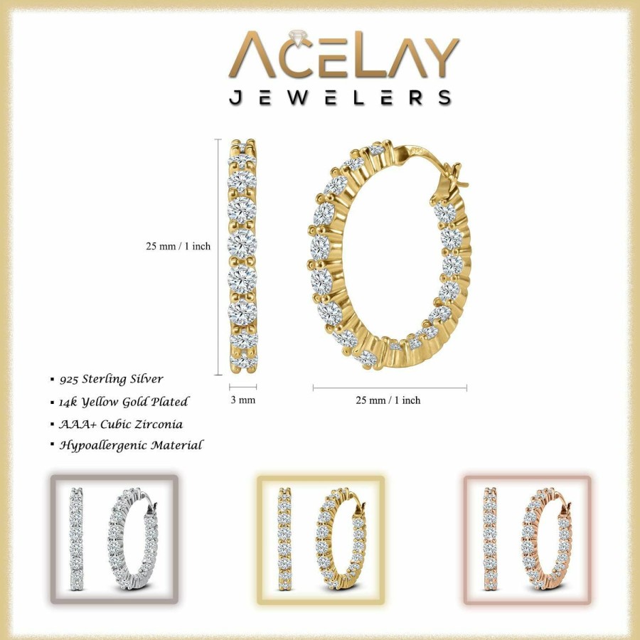 AceLay Acelay 14K Gold Plated Sterling Silver Hoop Earrings For Women Filled With Cz Stones | Hypoallergenic Huggies Earring | 25Mm Silver Earrings For Women | Earrings