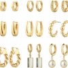 HILXURY 9 Pairs Gold Chunky Hoop Earrings Set For Women, 14K Gold Plated Twisted Huggie Hoop Earring Hypoallergenic, Lightweight Thick Open Hoops Earrings Jewelry Gifts. | Earrings