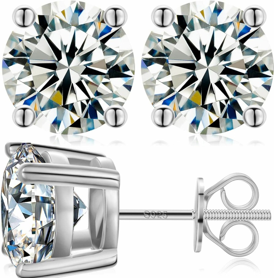 Gugots Moissanite Stud Earrings Screw Back 3-10Mm 0.2Ct-8.0Ct 18K White Yellow Rose Gold Plated S925 Sterling Silver Round Cut D Color Vvs1 Clarity Lab Created Moissanite Diamond Hypoallergenic Earrings For Women Girls Men | Earrings