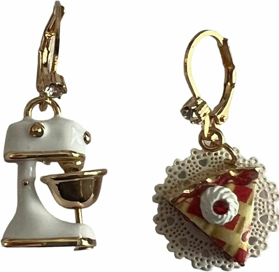 Betsey Johnson Betsey Johnson Gold Tone Stand Mixer & Cherry Pie Slice Baby Cakes Drop Earrings Great Valentine'S Day Gift Idea Birthday Present New Year Xmas Gifts | Earrings