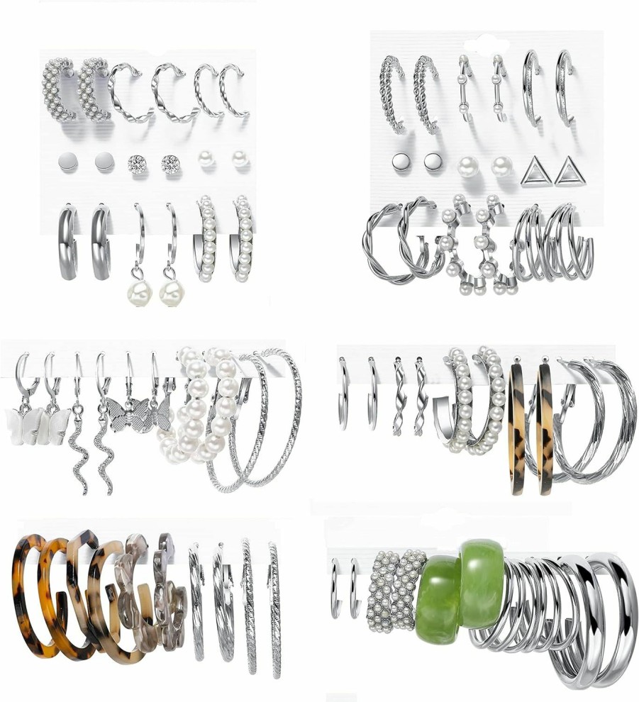 17KM 38 Pairs Silver Hoop Earrings Set For Women Multipack, Hypoallergenic Boho Fashion Vintage Acrylic Pearl Stud Hoop Earingings Jewelry For Girls Birthday Christmas Gift | Earrings