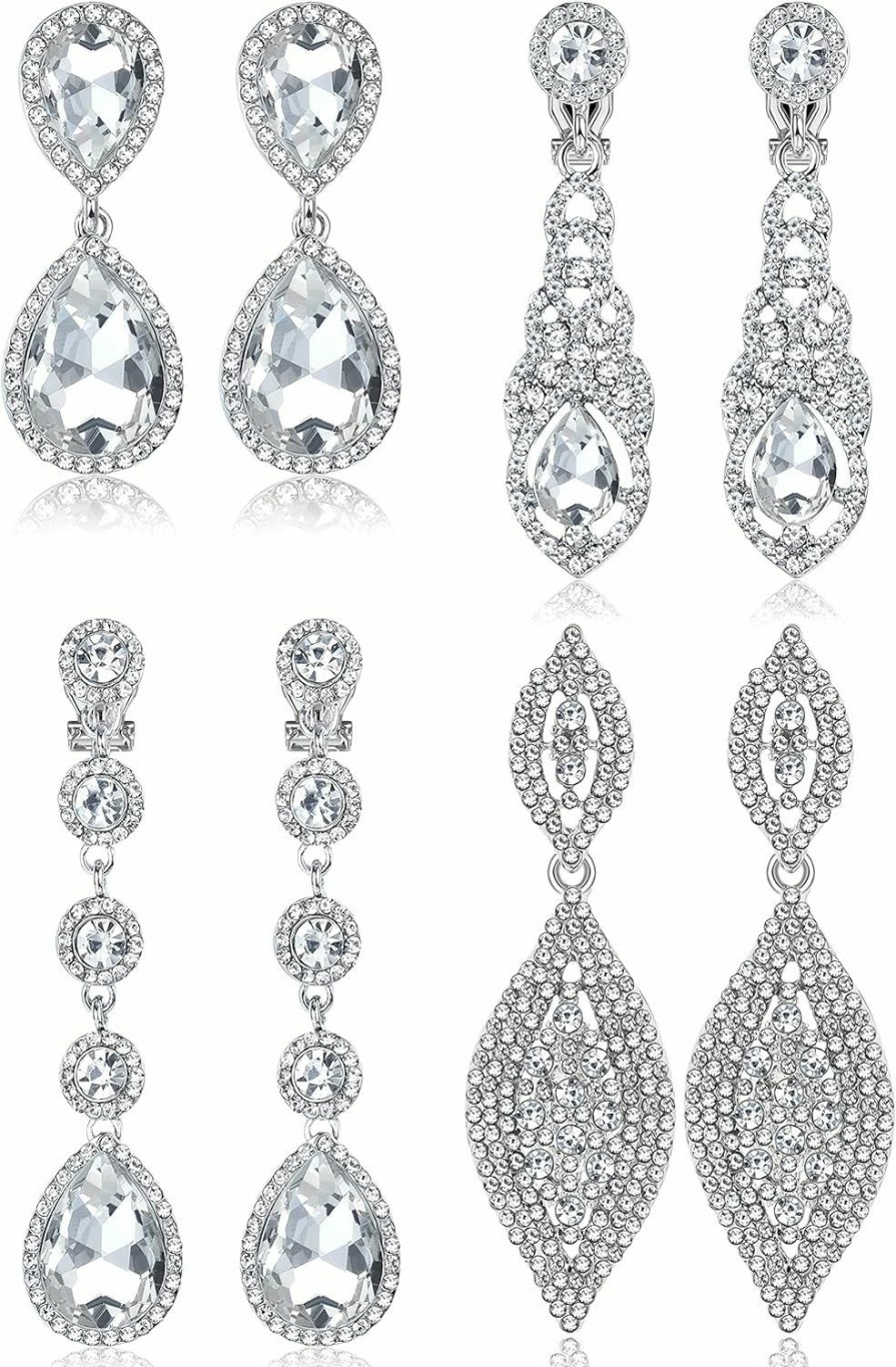 Jstyle Jstyle 4 Pairs Clip On Earrings For Women Rhinestone Crystal Wedding Earrings Elegant Silver Teardrop Drop Dangle Clip On Earrings For Bride Bridesmaid Non Pierced Earrings Classic Style | Earrings