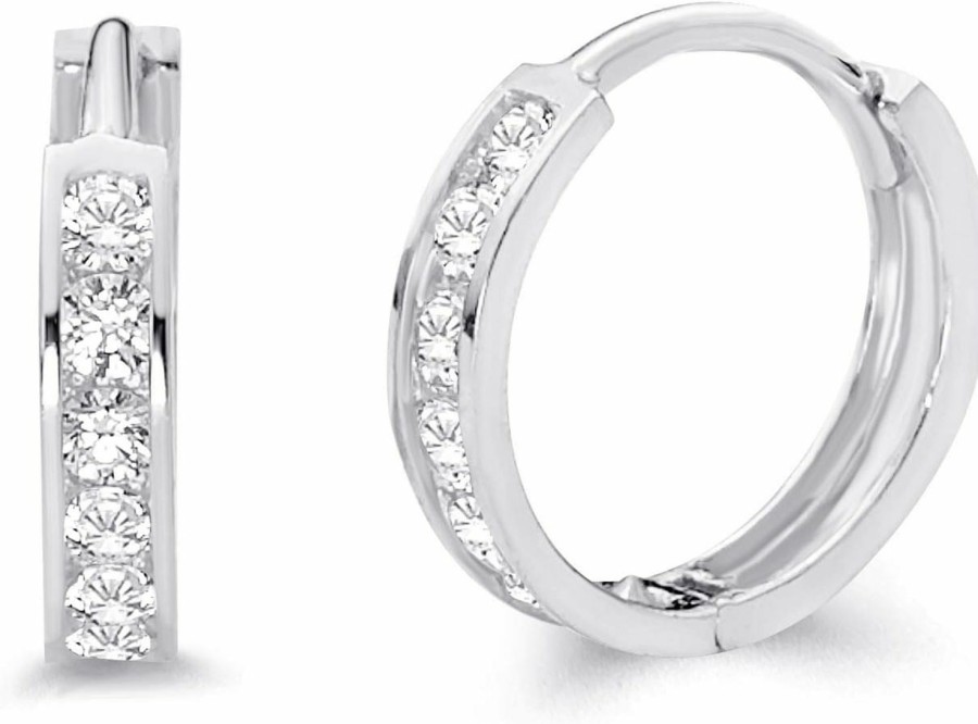 The World Jewelry Center 14K Real White Gold 2Mm Thickness Cz Channel Set Hoop Huggie Earrings - 3 Differnet Size Available | Earrings