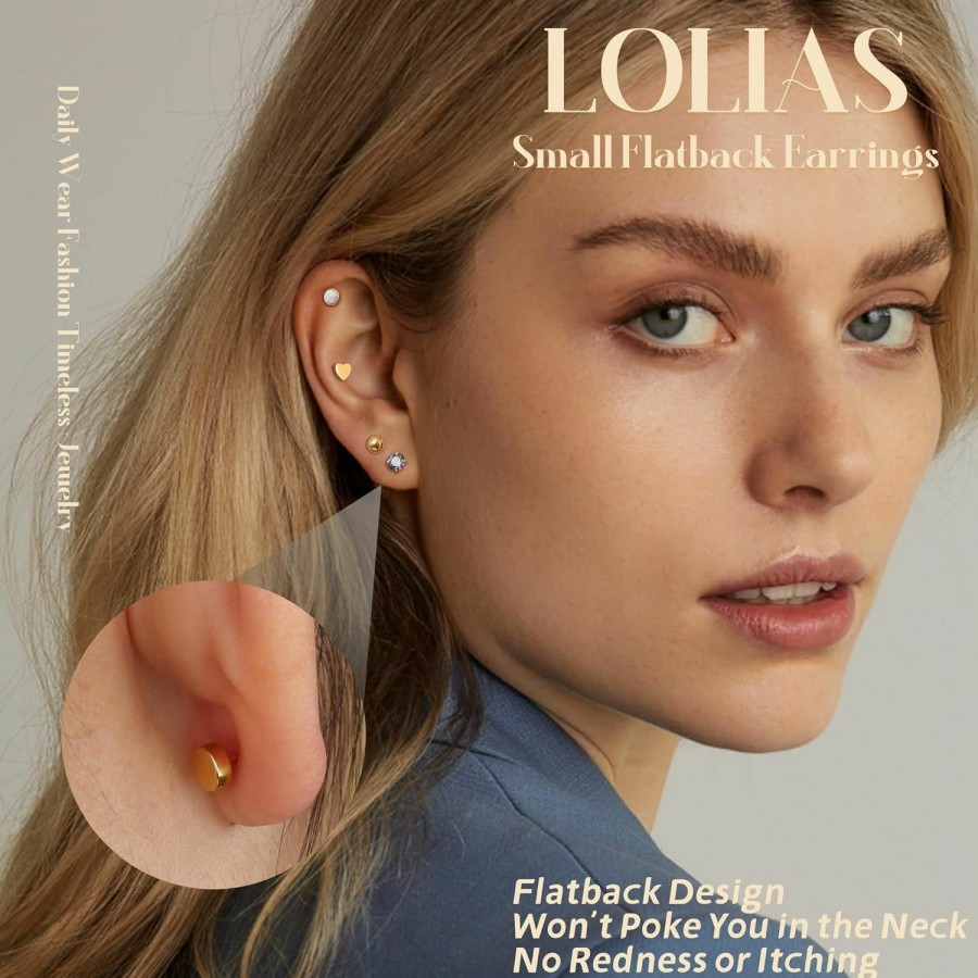 LOLIAS Lolias 12 Pairs Surgical Steel Earrings For Women Men Hypoallergenic Flat Back Stud Earrings 20G Surgical Steel Cartilage Earrings Opal Cz Pearl Small Sleep Nap Earrings For Sensitive Ears | Earrings