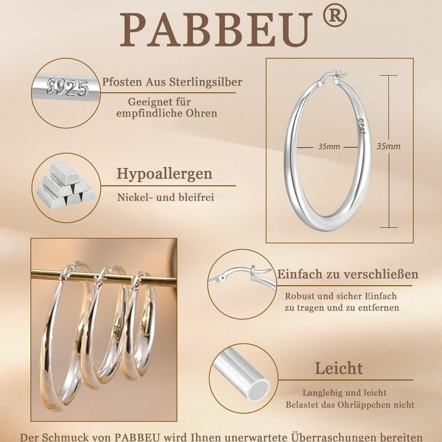 PABBEU Pabbeu S925 Sterling Silver Hoop Earrings Large Silver Hoop Earrings For Women Hypoallergenic Lightweight Big Thick Silver Hoop Earrings For Women Girls 35/40/50/60/70Mm | Earrings