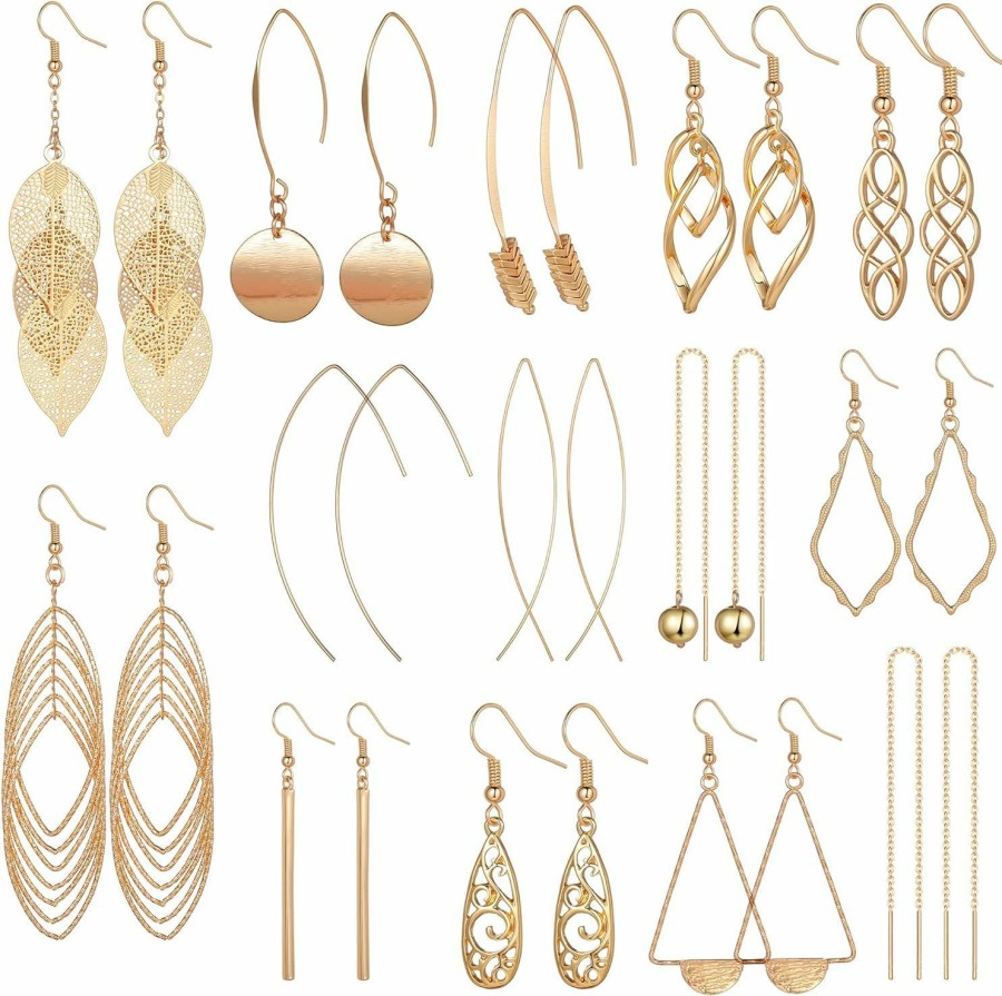 Aganippe Aganippe 12/13/14 Pairs Gold Dangle Earrings For Women- Simple Drop Earrings Multipack-Curved Threader Dangle Earrings Set-Upside Down Hoop Earrings- Leaf Earrings | Earrings