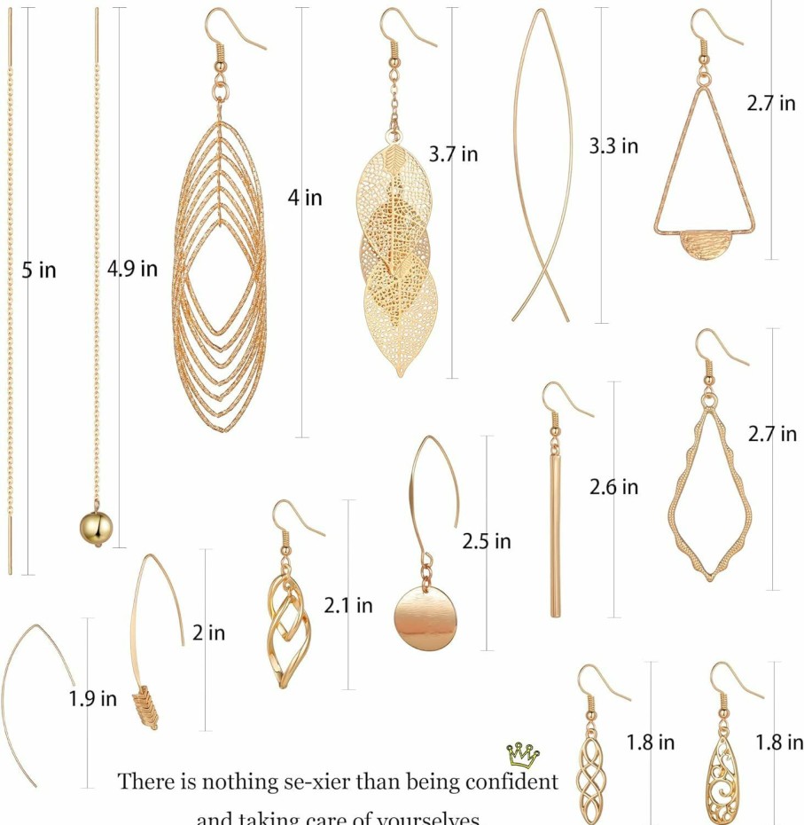 Aganippe Aganippe 12/13/14 Pairs Gold Dangle Earrings For Women- Simple Drop Earrings Multipack-Curved Threader Dangle Earrings Set-Upside Down Hoop Earrings- Leaf Earrings | Earrings