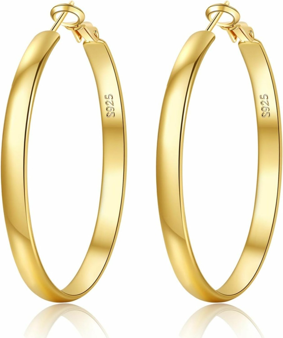 EXGOX Exgox 5Mm Wide Gold Hoop Earrings For Women,Sterling Silver Hoop Earrings Large Silver Hoop Earrings Hypoallergenic Lightweight 14K Real Gold Plated Big Hoop Earrings For Girls 30/40/50/60/70Mm | Earrings