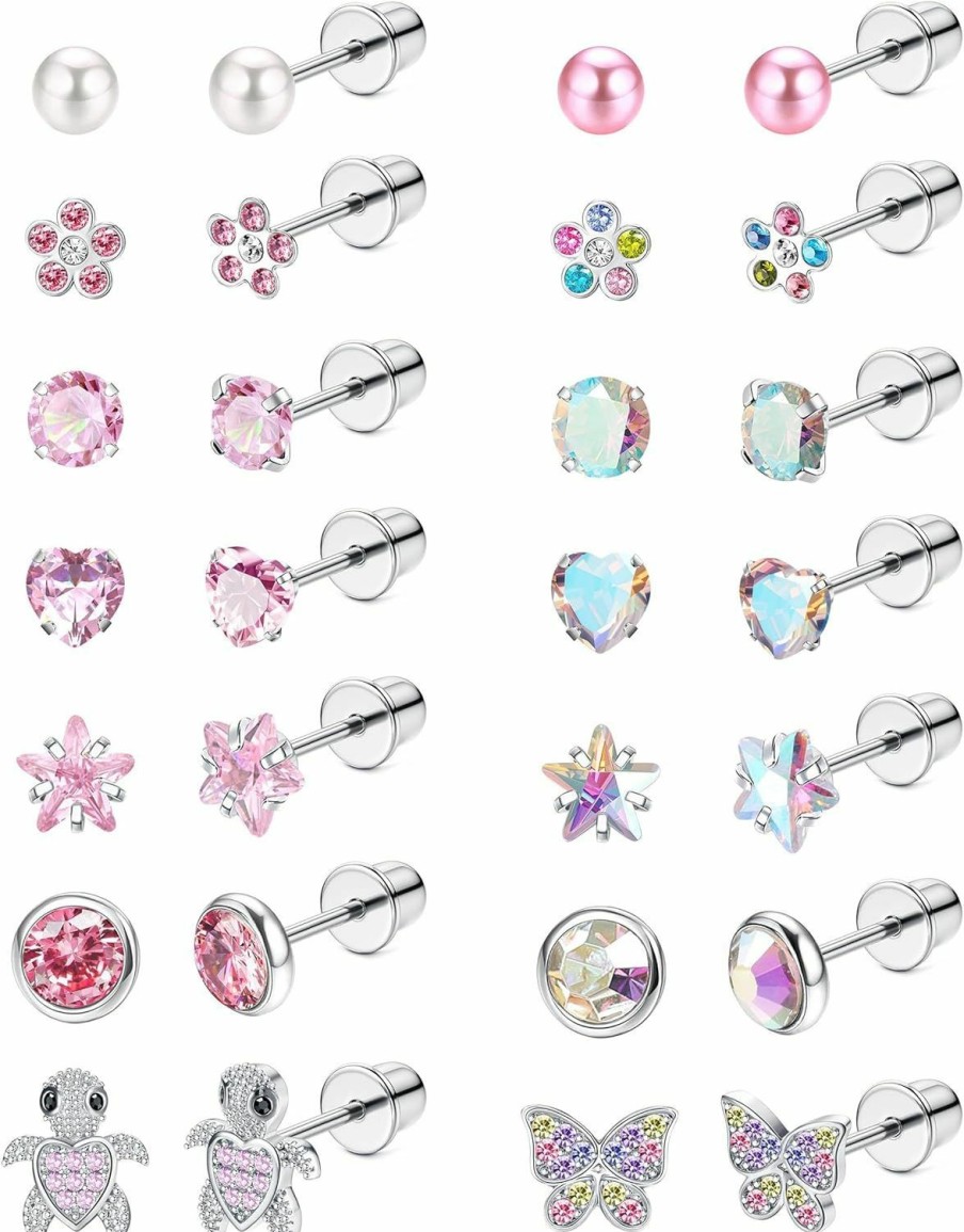 LOYALLOOK Loyallook 14Pairs Hypoallergenic Screwback Earrings For Women Tiny Cz Pearl Ball Heart Flower Screw Back Earring Studs 316L Stainless Steel Stud Earrings Flatback Multicolored 20G | Earrings