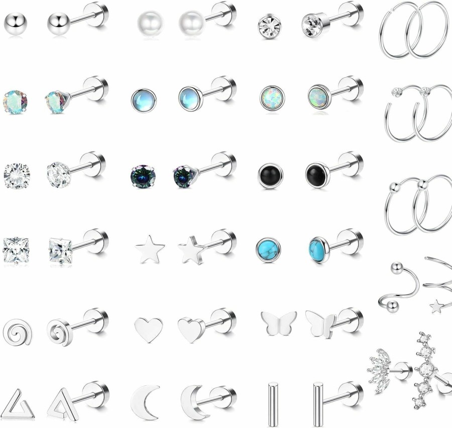 SAILIMUE Sailimue 23Pairs Surgical Steel Flat Back Stud Earrings For Women Men Hypoallergenic 20G Tiny Cartilage Earrings Stud Hoops Small Cz Star Moon Heart Opal Helix Tragus Daith Earrings Piercing Jewelry | Earrings