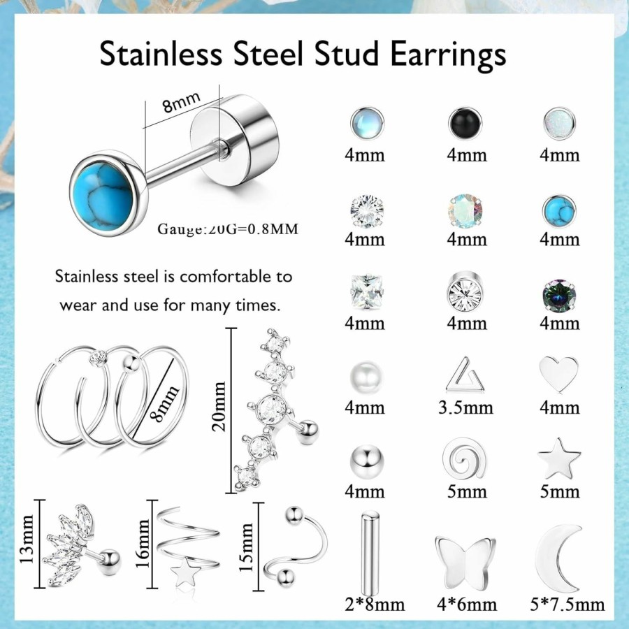 SAILIMUE Sailimue 23Pairs Surgical Steel Flat Back Stud Earrings For Women Men Hypoallergenic 20G Tiny Cartilage Earrings Stud Hoops Small Cz Star Moon Heart Opal Helix Tragus Daith Earrings Piercing Jewelry | Earrings