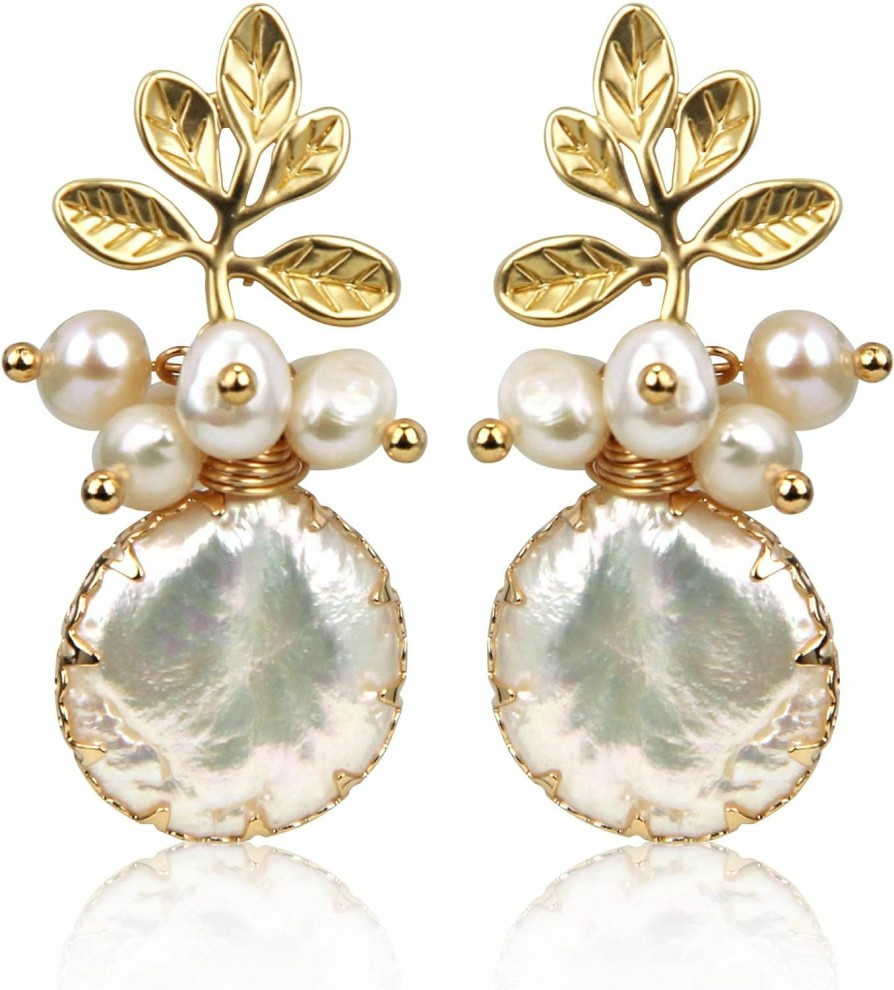 zqhhyy Zqhhyy 18K Gold Baroque White Big Pearl Drop Earrings For Women Handmade Trendy Comfy Real Freshwater Pearls Aesthetic Life Tree Dangle Earrings Engaged Wedding Bridesmaid Hanging Jewelry | Earrings