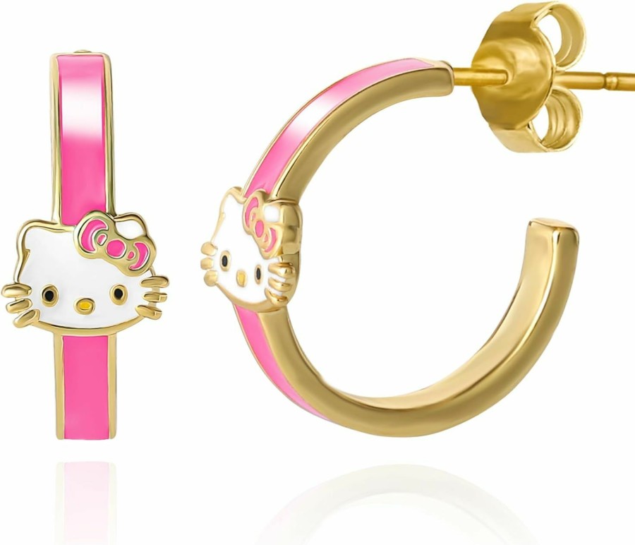 Hello Kitty Hello Kitty Hoop Earrings For Women - Sanrio 18Kt Gold Flash Plated Pink Kawaii Hoops - Officially Licensed | Earrings