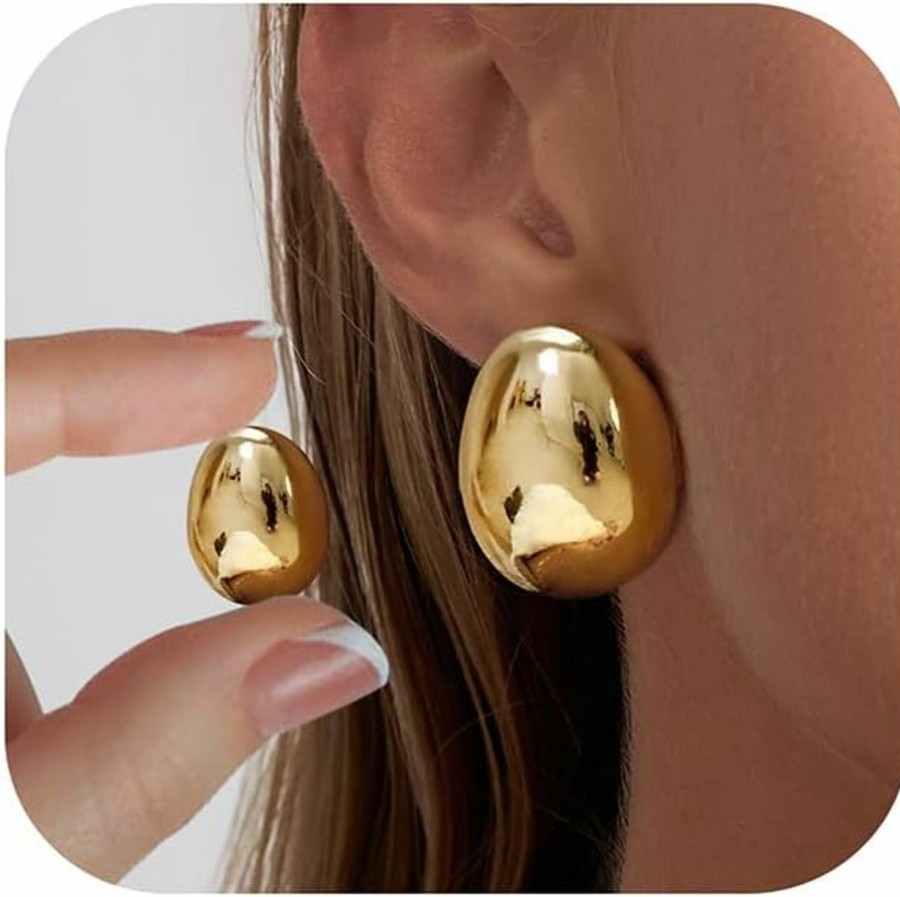 Risamil Risamil 2/3 Pairs Chunky Gold Earrings,14K Gold Plated Earrings Thick Oval Gold Stud Earrings Set Trendy Chunky Hoop Earrings Large Gold Earrings For Women Gold Jewelry Gift | Earrings