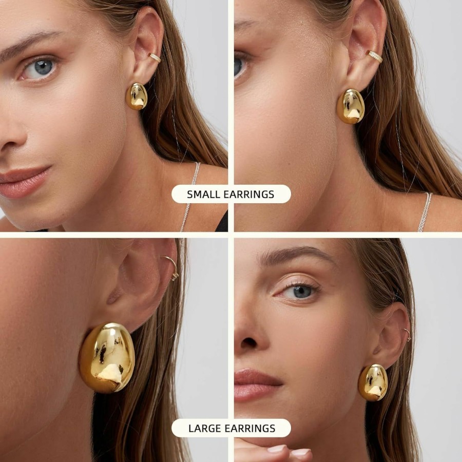 Risamil Risamil 2/3 Pairs Chunky Gold Earrings,14K Gold Plated Earrings Thick Oval Gold Stud Earrings Set Trendy Chunky Hoop Earrings Large Gold Earrings For Women Gold Jewelry Gift | Earrings