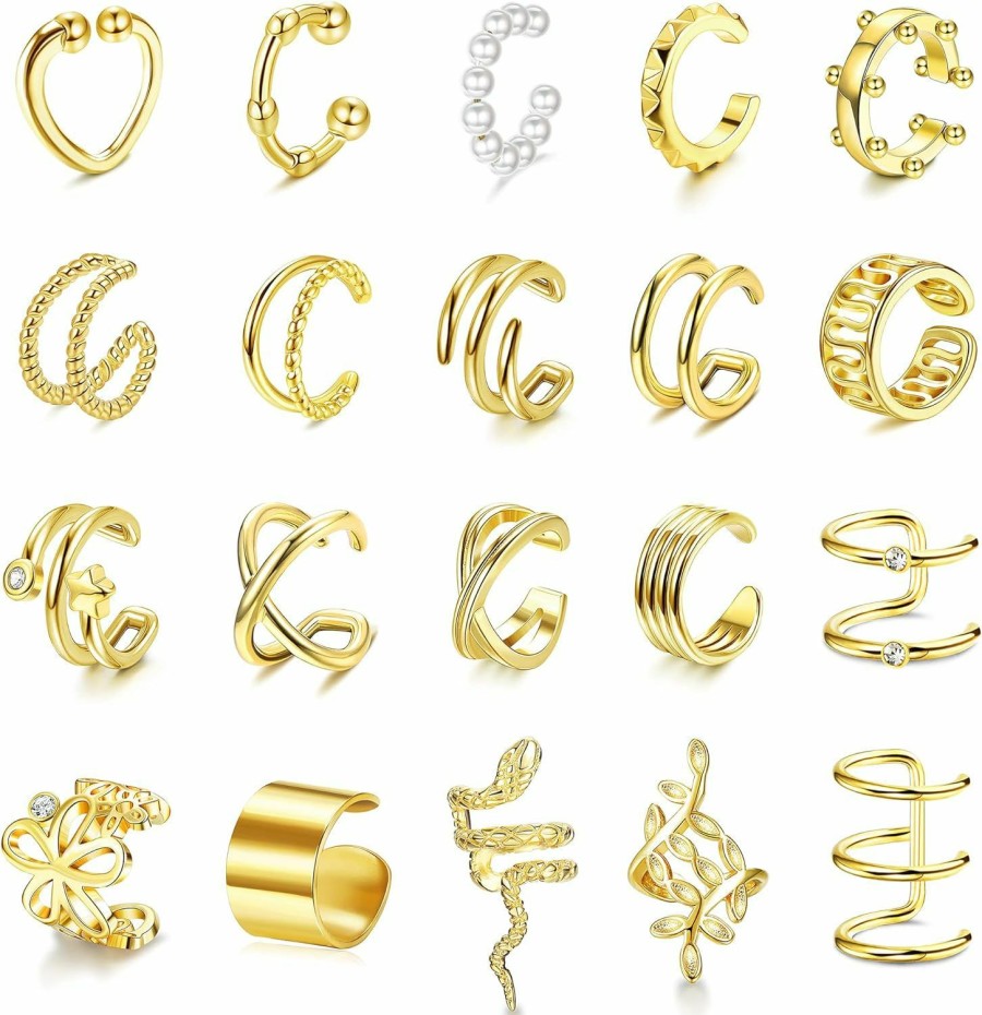 FIBO STEEL Fibo Steel 20Pcs Ear Cuffs Earrings Set For Women Non-Piercing Dainty Cartilage Ear Clip On Wrap Earring Set Adjustable | Earrings