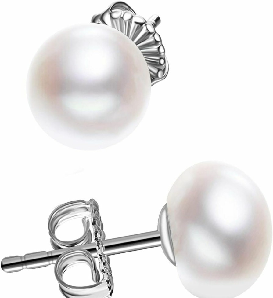 JORA Sterling Silver White Button Freshwater Cultured Pearl Stud Earrings For Women Gift | Earrings