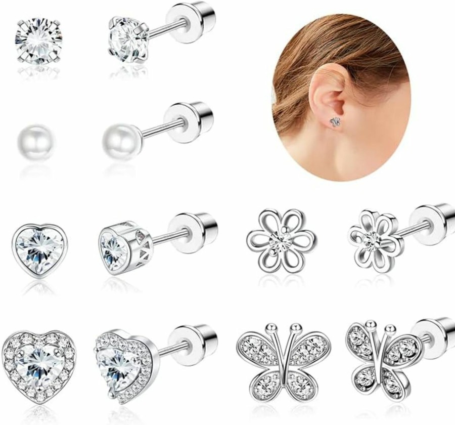 Florideco Florideco 6 Pairs Hypoallergenic Earrings S925 Sterling Silver Stud Earrings For Girls Heart Cz Pearl Butterfly Stud Earrings Set S925 Sterling Silver Screwback Earrings For Women | Earrings