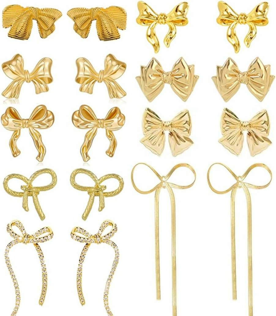 Coolkin 9 Pairs Gold Bow Earrings For Women Classic Ribbon Bow Stud Earrings Cute Statement Jewelry Set | Earrings