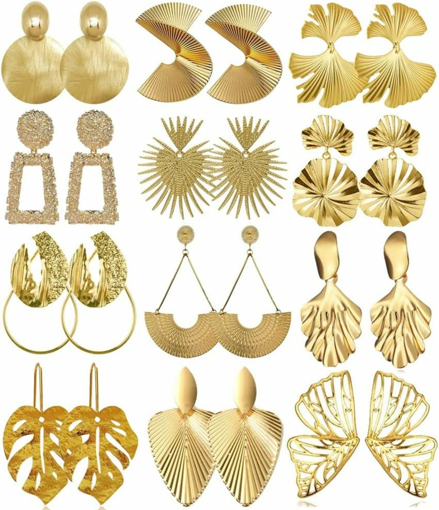 Hefanny 12 Pairs Gold Silver Geometric Earrings Exaggerated Statement Earrings Punk Stylish Sectored Twisted Earring Jewelry For Women And Girls | Earrings