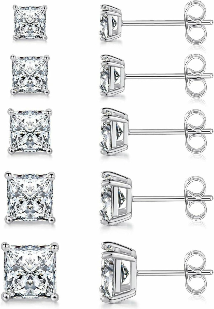 MDFUN Mdfun 18K White Gold/Yellow Gold/Rose Gold Plated Princess Cut Square Clear Cubic Zirconia Stud Earring Pack Of 5 Pairs | Earrings