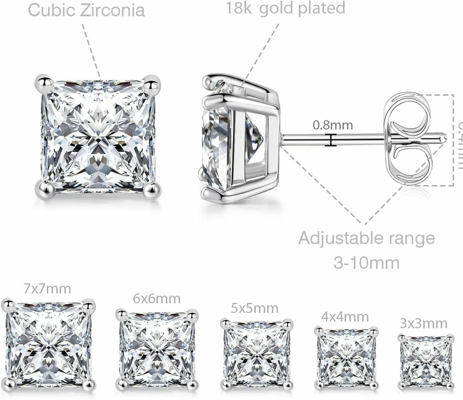 MDFUN Mdfun 18K White Gold/Yellow Gold/Rose Gold Plated Princess Cut Square Clear Cubic Zirconia Stud Earring Pack Of 5 Pairs | Earrings