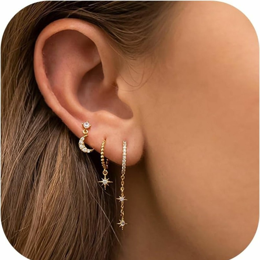 Umeher Umeher 3Pairs 14K Gold Stud Hoop Earrings Set For Women Butterfly Moon Star Flower Evil Eye Cz Dainty Huggie Hoop Cartilage Earrings For Teen Girls Gift Box | Earrings