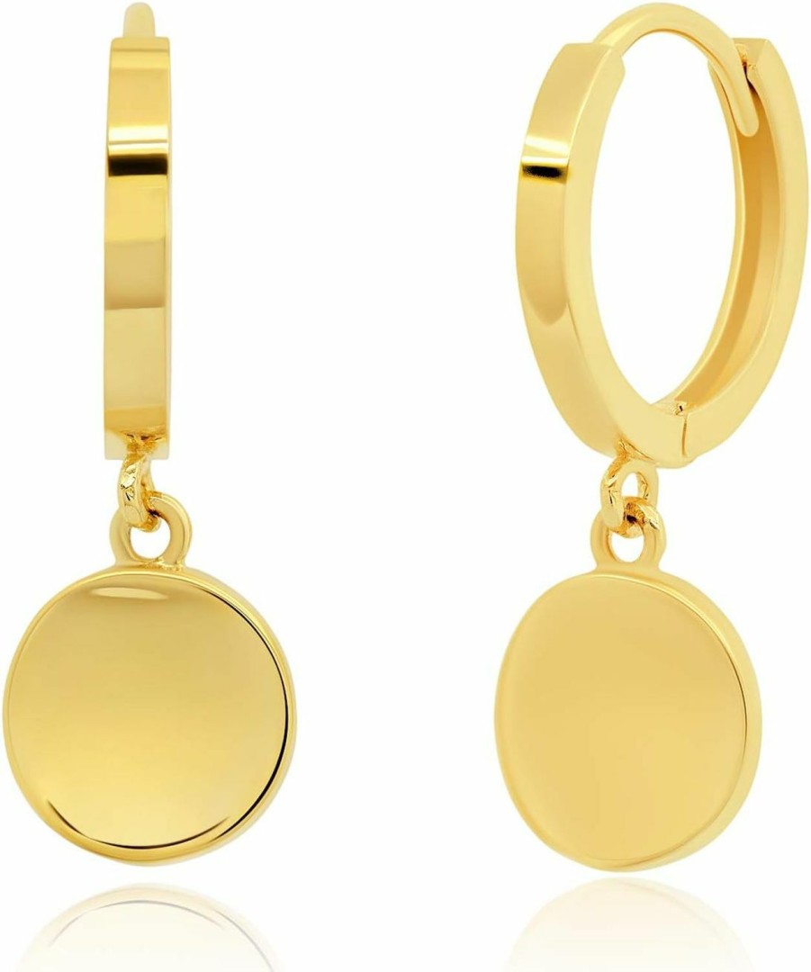 MAX + STONE 14K Yellow Gold Small Huggie Dangle Hoop Earrings For Women With Round Plates 10Mm By Max + Stone | Earrings