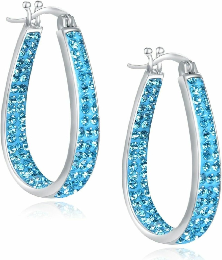 ZVVBOO Crystal Hoop Earrings - Silver Plated Inside Out Oval Shape Hoop Earrings For Women, 1.2 Inch | Earrings